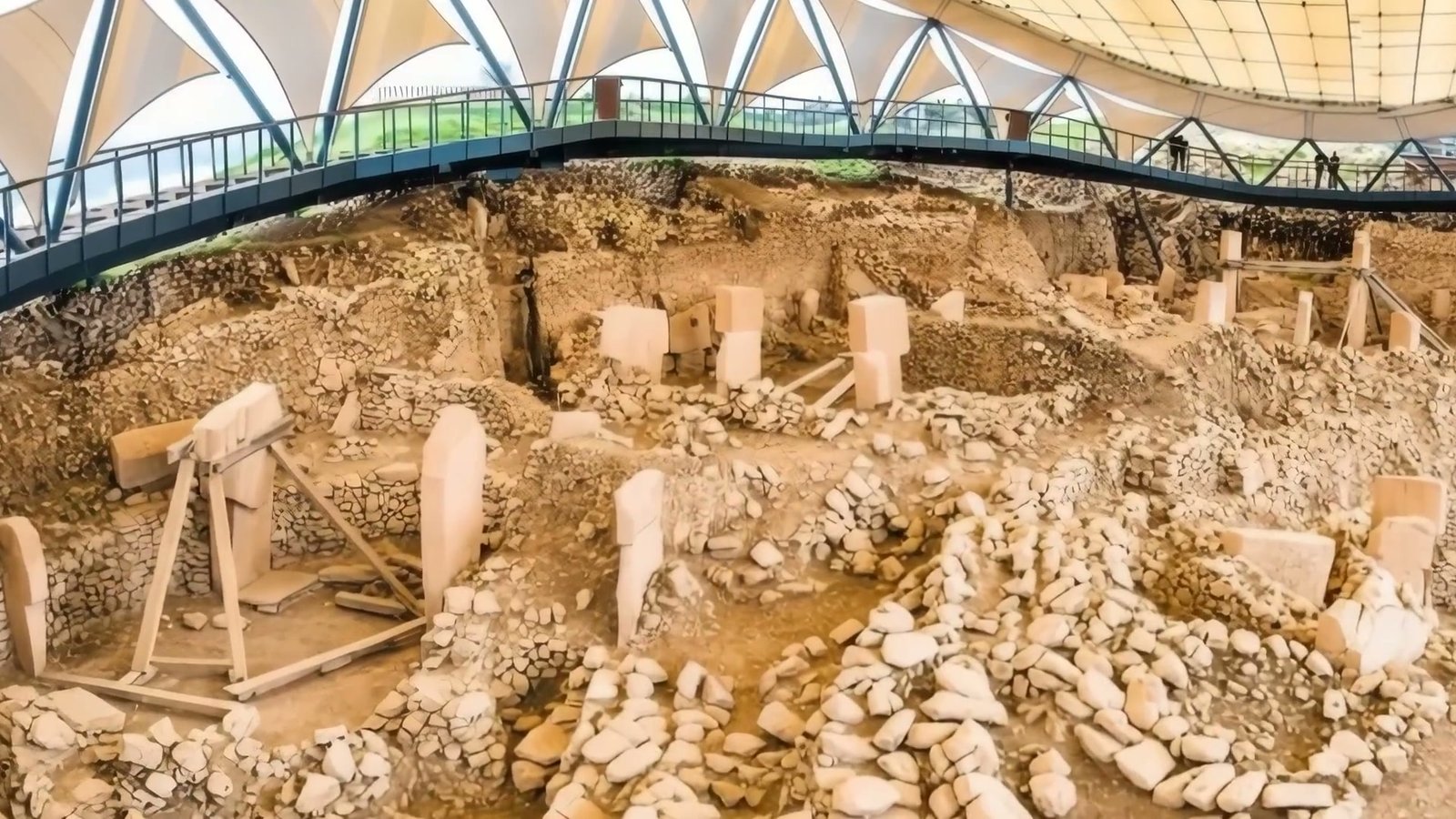 The excavated enclosures of Göbekli Tepe under their protective canopy